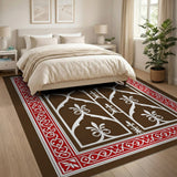 Ornate Fleur-de-Lis Lattice Brown Area Rug with Red Border