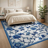 ODIKA Blue and White Vintage Floral Machine Washable Rug - Low Pile Non-Slip Area Rug