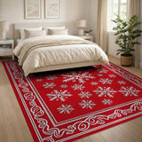 Red Snowflake Area Rug with Ornate Border Geometric Modern Rug