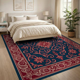 Traditional Persian Blue and Teal Navy Persian Floral Medallion Area Rug