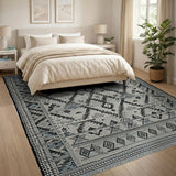 Grey Tribal Geometric Fringe Area Rug