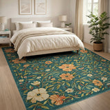 Teal Floral Vintage Area Rug with Orange Blooms