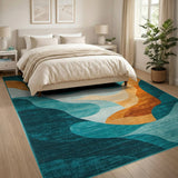 Teal Wave Abstract Area Rug with Orange Curves
