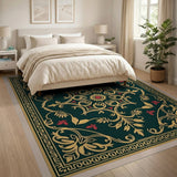 Emerald Green Gold Ornate Floral Medallion Rug