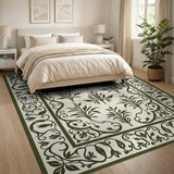 Ornate Green Leaf Vine Border Area Rug