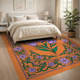 Purple Tulips on Vibrant Orange Floral Rug
