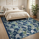 Navy Blue Leaf Floral Area Rug