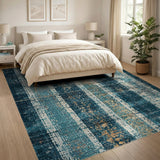 Blue Teal Distressed Striped Area Rug