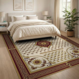 Traditional Persian Ivory Rug with Gold Medallion Maroon Border