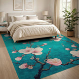 ODIKA Teal Cherry Blossom Washable Area Rug - Low Pile & Non-Slip Floral Home Decor