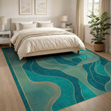 Teal and Gold Fluid Wave Abstract Area Rug