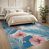 Blue Teal Palm Fronds Pink Hibiscus Area Rug