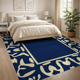 Navy Blue Ivory Floral Border Area Rug