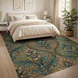 Floral Vintage Teal Floral Damask Vintage Area Rug