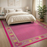 Vibrant Pink Persian Rug with Ornate Gold Borders
