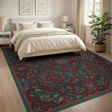 Teal Persian Medallion Area Rug with Gold Floral Accents