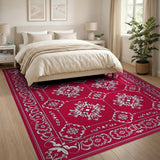 Elegant Red Persian Rug with Intricate White Motifs