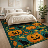 Whimsical Halloween Pumpkins Black Cats Area Rug