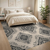 Black Damask Motif Beige Area Rug