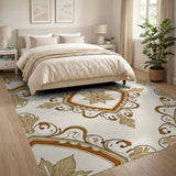 Ornate Gold Floral Diamond Frame Area Rug