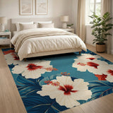 Blue and Teal Teal Hibiscus Floral Area Rug