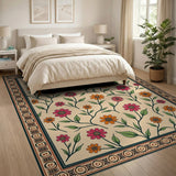 Beige Floral Area Rug with Vibrant Blooms Ornate Border