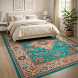 Teal Floral Vintage Persian Area Rug