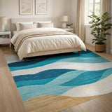 ODIKA Washable Abstract Coastal Wave Area Rug - Teal, Blue & Beige Low Pile Non-Slip Pet Friendly