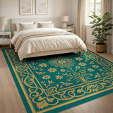 Teal Gold Ornate Floral Persian Rug
