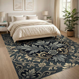 Ornate Grey Gold Floral Baroque Area Rug
