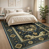 Navy Blue Traditional Persian Area Rug with Gold Floral Motifs
