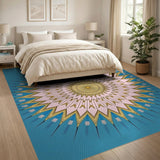 Pink Gold Sunburst Geometric Area Rug on Teal