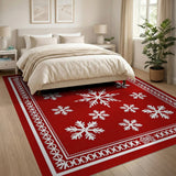 Red Festive Red Snowflake Area Rug with Ornate Border
