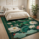 ODIKA Washable Green Dragon & Lotus Floral Area Rug - Low Pile Non-Slip Artistic Decor