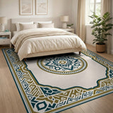 Ornate Teal Gold Mandala Persian Area Rug
