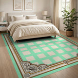 Mint Green Geometric Grid Rug with Ornate Gold Borders