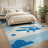 Whimsical Blue Airplane Clouds Stars Kids Area Rug