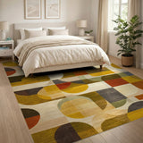 Washable Mid-Century Modern Geometric Area Rug - Low Pile Retro Earthy Tones