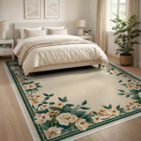 Beige Area Rug with Cream Floral and Green Leaf Border