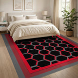 Modern Black Red Hexagon Area Rug