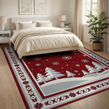Red Winter Snowy Pines Flakes Area Rug