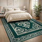 Elegant Emerald Green Fleur-de-Lis Ornate Area Rug