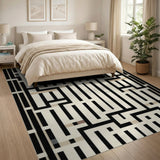 Black and White Geometric Modern Black White Maze Labyrinth Geometric Area Rug