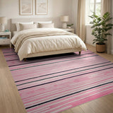 Vibrant Pink Black Striped Geometric Area Rug