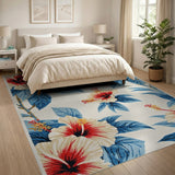 Hibiscus Floral Area Rug with Blue Leaves