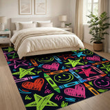Neon Kids Doodle Stars Hearts Area Rug