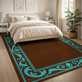 Ornate Teal Border Chocolate Area Rug