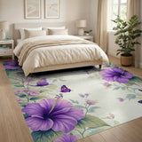 ODIKA Washable Purple Hibiscus Butterfly Floral Rug, Non-Slip Low Pile Area Rug