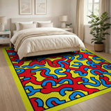 Vibrant Red Blue Squiggle Abstract Area Rug