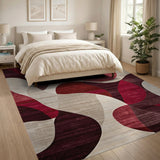 ODIKA Washable Modern Abstract Wavy Area Rug - Red & Burgundy Low Pile Non-Slip Carpet